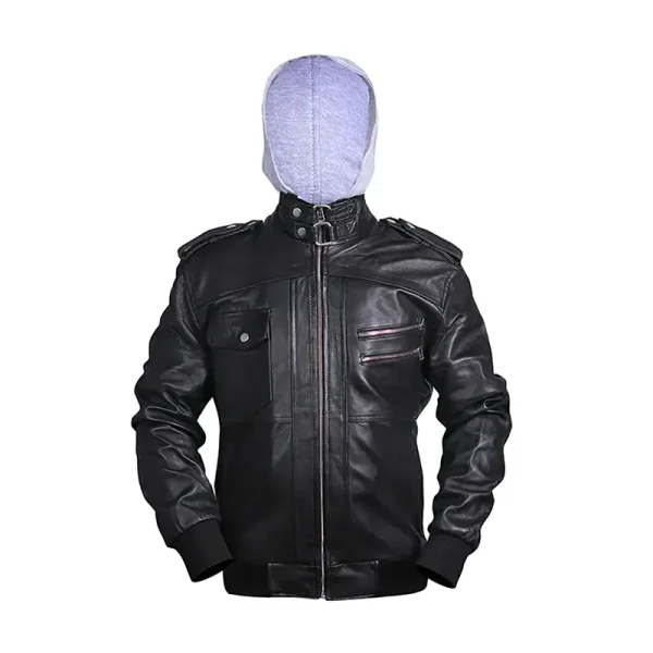 Men's Distressed Leather Bomber Hooded Jacket