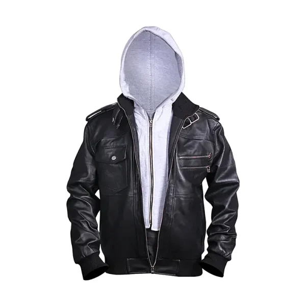 Men's Distressed Leather Bomber Hooded Jacket