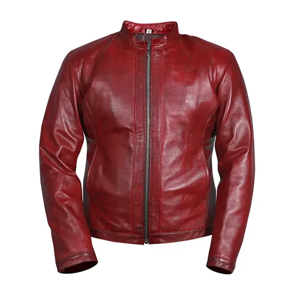 Mens Motorcycle Style Red Leather Jacket