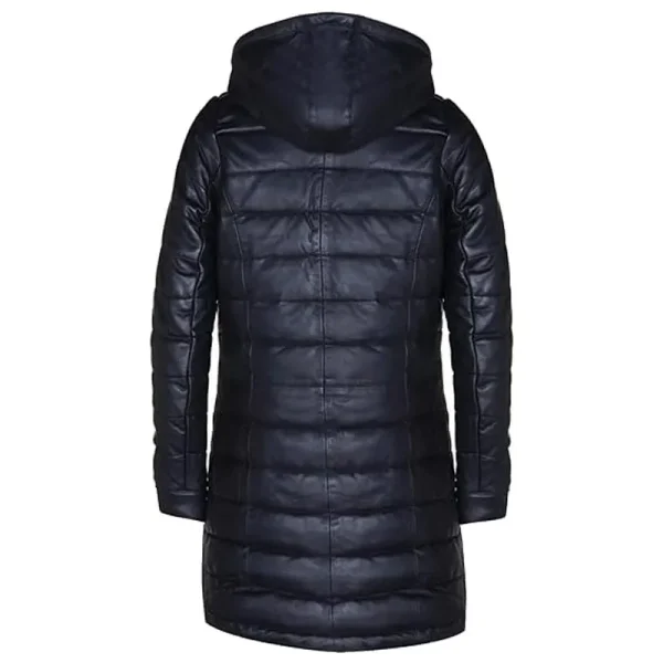 Black Leather Quilted Overcoat Hooded