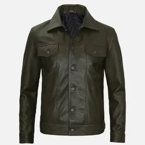 Men's Olive Green Real Leather Trucker Jacket