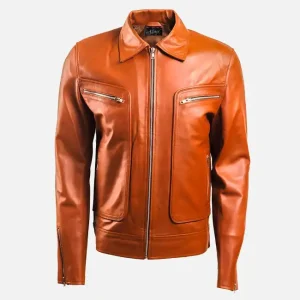 Men’s Brown Leather Jacket with Zip Pocket