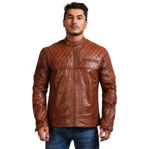 Orith Brown Biker Quilted Leather Jacket
