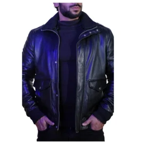 Men Bomber Black Leather Jacket