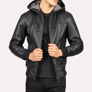 Men's Black Bomber Hooded Leather Jacket
