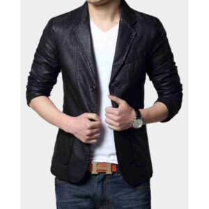 Mens Black Casual Leather Blazer Jacket