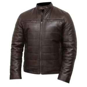 Mens Brown Cafe Racer Puffer Leather Jacket
