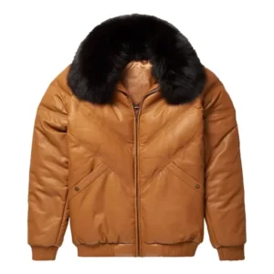 Men's Fur V Bomber Brown Leather Jacket