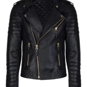 Men’s Black Leather Biker Jacket With Gold Zippers