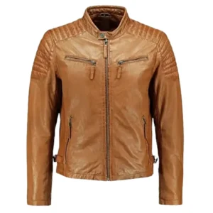 Men’s Padded Tan Leather Biker Jacket