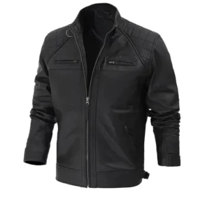 Mens Quilted Shoulder Black Leather Jacket