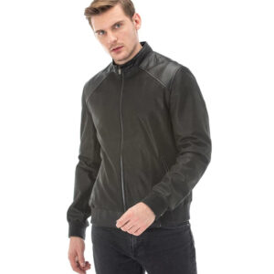 Men’s Real Black Leather Square Printed Vegetal Jacket