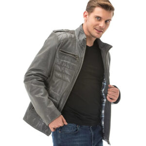 Men’s Real Grey Leather Ornamental Stitch Jacket