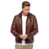 Men’s Real Brown Leather Hooded Jacket