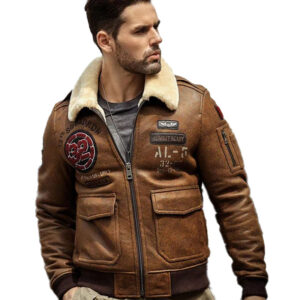 Brown Embroidered Shearling Leather Bomber Jacket
