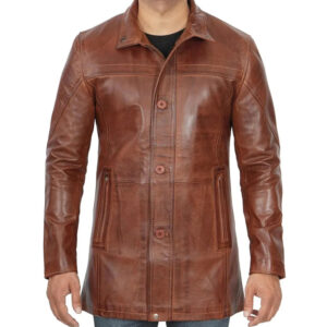 Men's Vintage Cognac Leather Car Coat