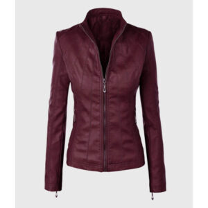 Mia Maroon Moto Biker Leather Jacket