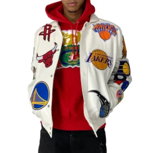 NBA Collage Vegan Leather White Jacket