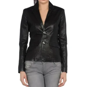 Women Black Real Leather Blazer