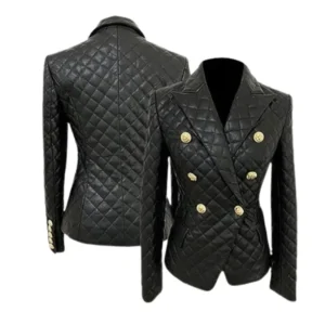 Womens Black Diamond Quilted Leather Blazer