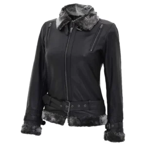 Women’s Black Leather Shearling Jacket With Belted Closure