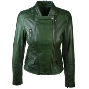 Women's Green Leather Biker Quilted Jacket