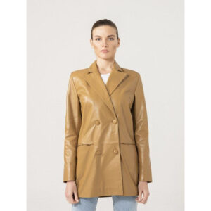 Women's Sand Double Breasted Leather Blazer