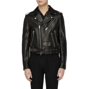 Mens Asymmetrical Style Black Leather Jacket