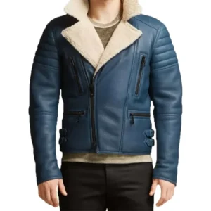 Men’s Blue Leather Shearling Jacket