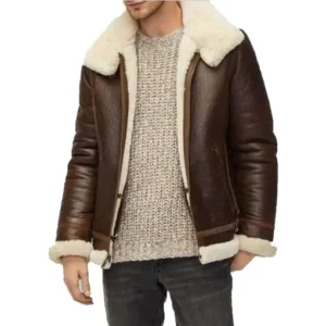 Mens White Shearling Brown Leather Jacket