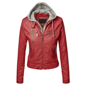 Slim Fit Hooded Red Leather Jacket