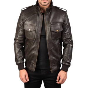 Agent Shadow Brown Leather Bomber Jacket