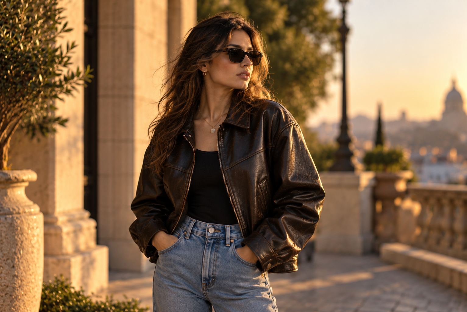 Female model wearing a leather jacket
