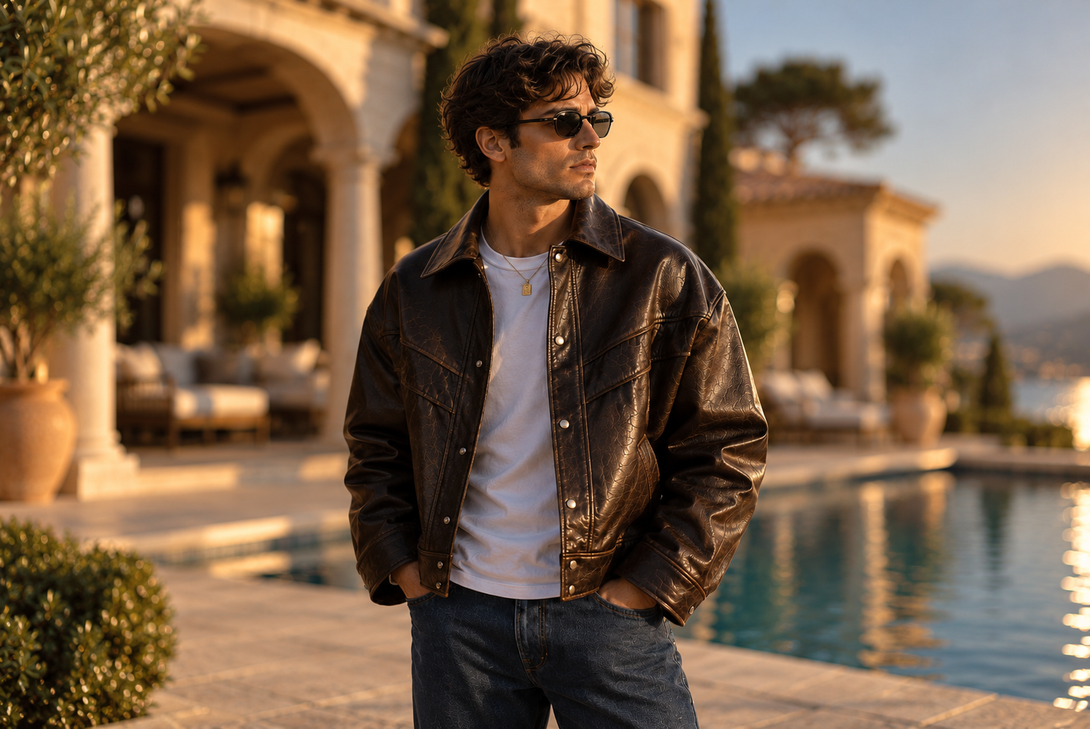 Male model wearing a leather jacket