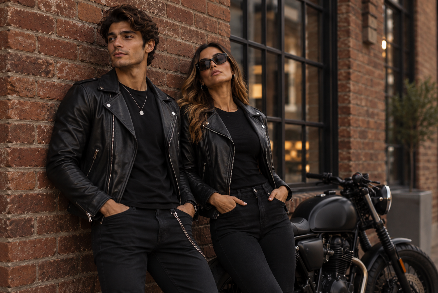 Couple wearing leather jackets